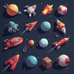 A grid of colorful, cartoon-style space objects includes planets, rockets, satellites, and flames against a dark blue backdrop.