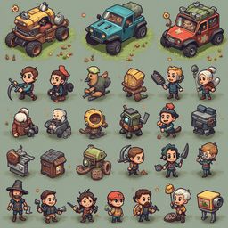 A grid of colorful, cartoon-style vehicles and characters, set against a green field with scattered objects.