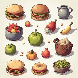 A grid of colorful food illustrations includes burgers, sandwiches, fruits, vegetables, and teapots.