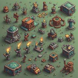 A grid of colorful, futuristic buildings and vehicles, set against a green field with scattered rocks and trees.