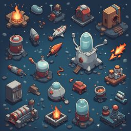 A grid of colorful, futuristic buildings, vehicles, and machinery is set against a dark blue backdrop with scattered stars.