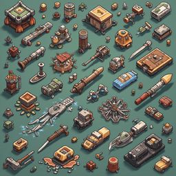 A grid of colorful, futuristic vehicles and structures, including buildings, vehicles, and robots, traverses a teal canvas.