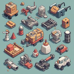 A grid of colorful, mechanical objects includes boxes, cylinders, cones, wheels, and handles, set against a light blue backdrop.