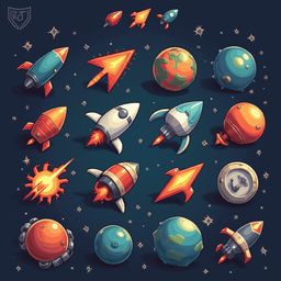 A grid of colorful rockets and planets, rendered in a cartoon style, traverses a dark blue space with scattered stars.