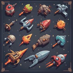 A grid of colorful spaceships, robots, and meteoroids soars through a starry sky, powered by vibrant flames.