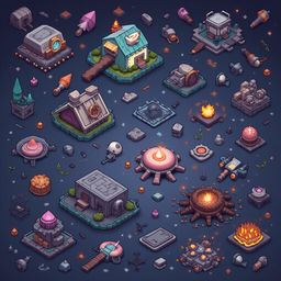 A grid of colorful, unique buildings with diverse features and symbols is set against a dark blue background.