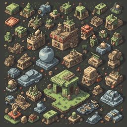 A grid of colorful, uniquely designed buildings with diverse features and sizes, set against a dark green backdrop.