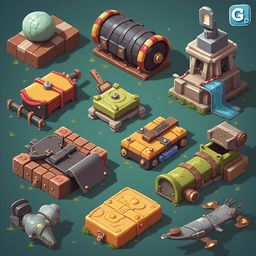 A grid of colorful, uniquely designed objects on a green background, including a barrel, tower, chest, tank, chest, and spaceship.