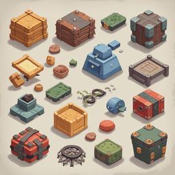 A grid of colorful, uniquely shaped boxes and crates, resembling futuristic structures or containers, arranged on a beige background.