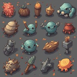 A grid of colorful, whimsical creatures and objects, including pinecones, candlesticks, and weapons, creates a dynamic scene.