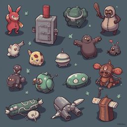 A grid of colorful, whimsical creatures with unique features and accessories, set against a dark blue background.