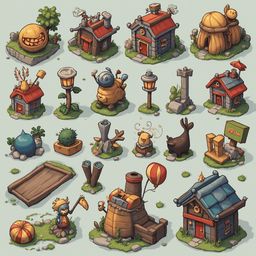 A grid of colorful, whimsical houses and structures in various styles and sizes, set against lush green ground.
