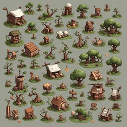 A grid of colorful, whimsical houses and trees with unique features, set against a light green backdrop.