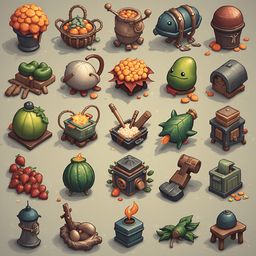 A grid of colorful, whimsical objects includes baskets of fruit, pots, barrels, and figurines, set against a beige backdrop.