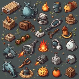 A grid of colorful, whimsical objects includes boxes, barrels, animals, tools, and plants.
