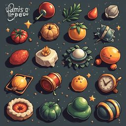 A grid of colorful, whimsical objects on a dark blue background, including a tomato, orange, clock, barrel, bird, flower, star, and helmet.
