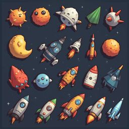 A grid of colorful, whimsical spaceships and celestial bodies against a dark blue backdrop.