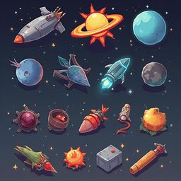A grid of colorful, whimsical spaceships and celestial bodies, set against a dark blue backdrop with scattered stars.