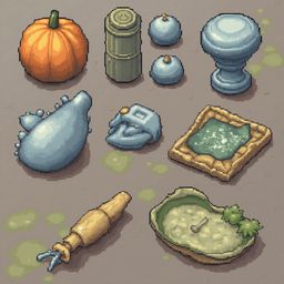A grid of digital art objects features a pumpkin, barrel, vase, bird, book, and bowl, set against a brown background with green and brown accents.