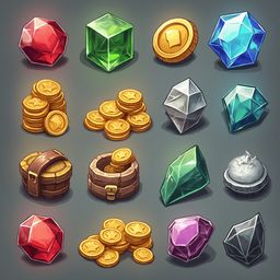 A grid of digital illustrations showcases various objects, including gemstones, gold coins, boxes, and crystals in red, green, blue, and clear hues.
