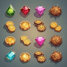 A grid of digital illustrations showcases various objects, including gemstones, coins, crystals, and spheres, arranged against a gradient gray background.