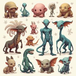 A grid of fantastical creatures, varying in color and form, poses with unique expressions against a light beige background.