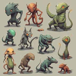 A grid of fantastical creatures, varying in color and form, poses with unique expressions and actions against a neutral background.