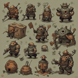 A grid of fantastical robot characters, each unique in design, stands against a muted beige backdrop, showcasing intricate details and weapons.