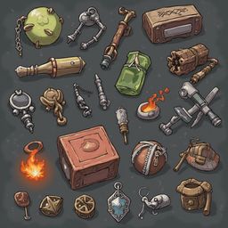 A grid of fantasy-themed objects includes spheres, bottles, axes, keys, chains, flames, boxes, jewelry, and tools.