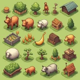 A grid of farm animals and structures, including cows, sheep, trees, houses, and a banana, coexists harmoniously in a lush green setting.
