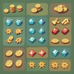 A grid of game elements includes gold coins, blue and orange gemstones, and star-shaped items.