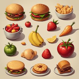 A grid of illustrated food items includes burgers, fries, tomatoes, bananas, strawberries, oranges, apples, potatoes, and sandwiches.