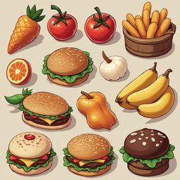 A grid of illustrated food items includes carrots, tomatoes, potatoes, oranges, burgers, bananas, peppers, and hamburgers.