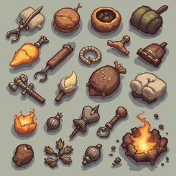 A grid of illustrated objects features a burger, bowl, knife, snake, pot, hammer, fire, flower, bottle, and campfire.