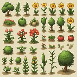A grid of illustrated plants and flowers, including trees, bushes, flowers, fruits, and vegetables.
