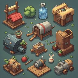 A grid of isometric illustrations features various structures and objects, including a red-roofed building, a wooden barrel, a gray machine, a blue bottle, a tree, a rabbit, and a pot with plants.