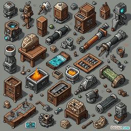 A grid of isometric illustrations showcases various objects and devices, including robots, machinery, and tools, in diverse colors and textures.