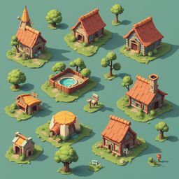 A grid of nine colorful, low-poly houses with red roofs and trees on a blue-green background.