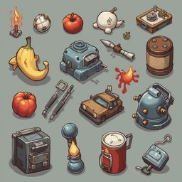 A grid of objects features a banana, tomato, orb, barrel, car, tool, lantern, and container, arranged against a muted gray backdrop.