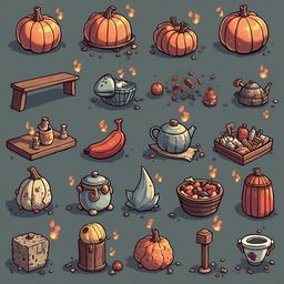 A grid of orange pumpkins, autumnal objects, and flames on a dark green background.