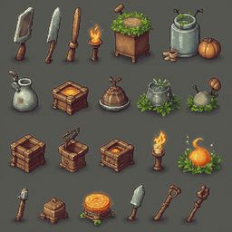 A grid of pixel art objects includes tools, containers, fires, and plants.