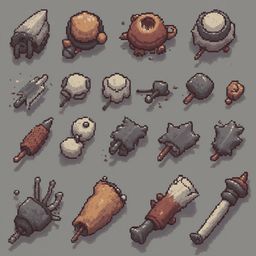A grid of pixel art objects includes various containers, tools, and weapons in neutral and colorful hues.