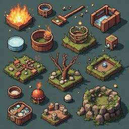 A grid of pixel art scenes depicts various objects and structures, including fires, barrels, trees, rocks, and buildings.
