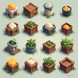 A grid of sixteen 3D-rendered boxes displays various objects, from eggs and bread to plants and a glowing yellow cube.