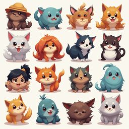 A grid of sixteen cartoon animals, each unique in color and appearance, appears friendly and inviting.