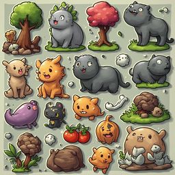 A grid of sixteen cartoon animals, including bears, cats, dogs, monkeys, elephants, hippos, and hamsters, interacts in a playful and whimsical scene.