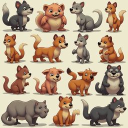 A grid of sixteen cartoon animals, including foxes, dogs, cats, and wolves, displays various poses and colors.