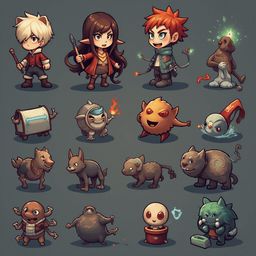 A grid of sixteen cartoon characters, each unique in appearance and attire, stands against a dark gray background.