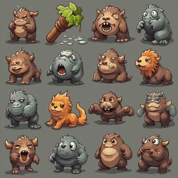 A grid of sixteen cartoon creatures, each unique in appearance and pose, appears against a muted gray background.