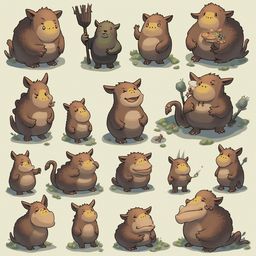 A grid of sixteen cartoon creatures in various poses and expressions, primarily brown with yellow accents.